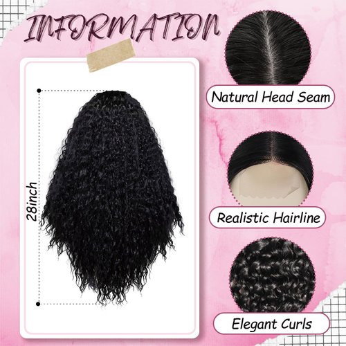 L'veetie 28 Inch Synthetic Curly Wigs for Women, Long Water Wave Black Wig, Loose Deep Wave Lace Front Wig, Natural Crimps Curls Hair Replacement Wigs for Daily Party Use 1B