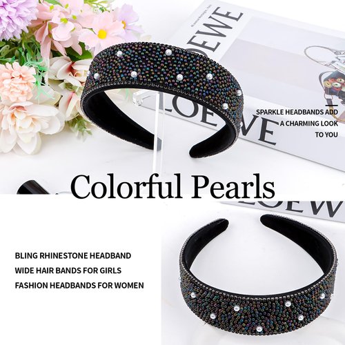 Amariver Black Rhinestones Headbands for Women Sparkly Pearls Head Band Beaded Wide Hair Band Crystal Headband Elastic Headbands Non-slip Fancy Hair Accessories for Women Girls