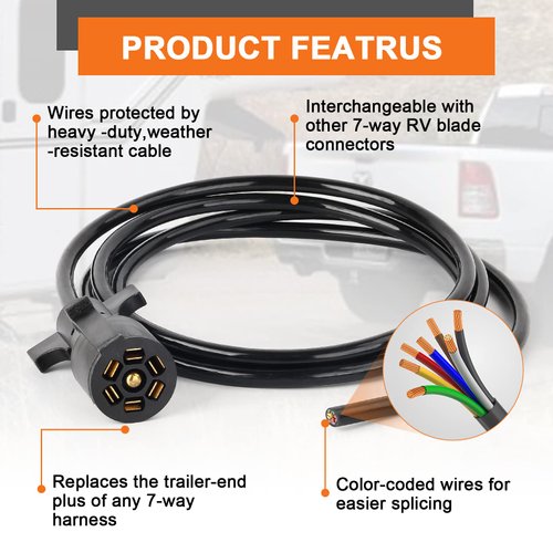 Gilardino 7 Way Trailer Plug, 7 pin Trailer Wiring Harness, 8 Feet 7-Wire Trailer Adapter Cord for RV