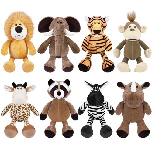 Elcoho 8 Pieces Safari Stuffed Animals Plush Jungle Animal Toys 9.8 Inch Zoo Stuffed Animals Set Cute Plush Toys for Animal Themed Parties Teacher Student Award