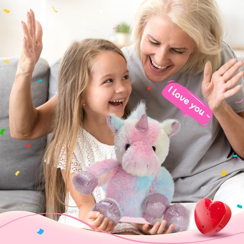 CozyWorld 12.5" Heartbeat Unicorn Recordable Stuffed Animals Voice Sweet Messages Recorder Soft Plush Toy Playback Your Words Birthday Gifts for Toddler Kids