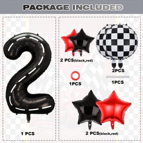 Race Car 2nd Birthday Party Balloons,Two Fast Letter Banner Balloon 40 Inch Racetrack Number Balloon 2 Black for Boys 2nd Birthday Decorations,Race Car Theme Party Decorations Supplies 18 Pcs Set