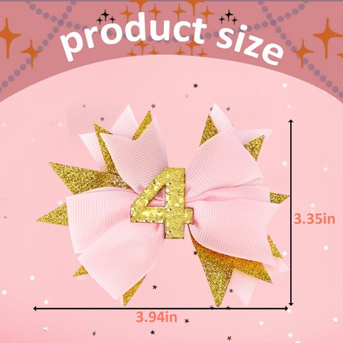 Vovii Sprinkle Birthday Hair Bow for 4th Birthday Decorations Girl, Glitter Pink Baby Bow Party Decorations for 4 Year Old Girl Birthday Decorations, Happy 4th Birthday Decorations for Girls Hair
