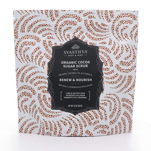 SVASTHYA BODY & MIND Organic Cocoa Sugar Scrub - Renew, Exfoliate, Moisturize & Nourish Skin, Increases Collagen for Glowing Skin, Vitamin E, Almond Coconut Oil - VEGAN, Made In The USA, 20 oz