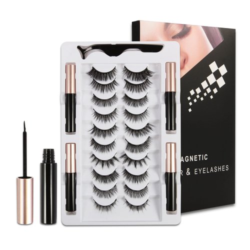 FEITA Magnetic Eyelashes & Eyeliner Kit, Reusable Magnetic Lashes with 1 Applicator Tweezer & 4 Eyeliner, 3D Cat Eye Natural Look False Eyelashes Pack, No Glue (15 Packs)