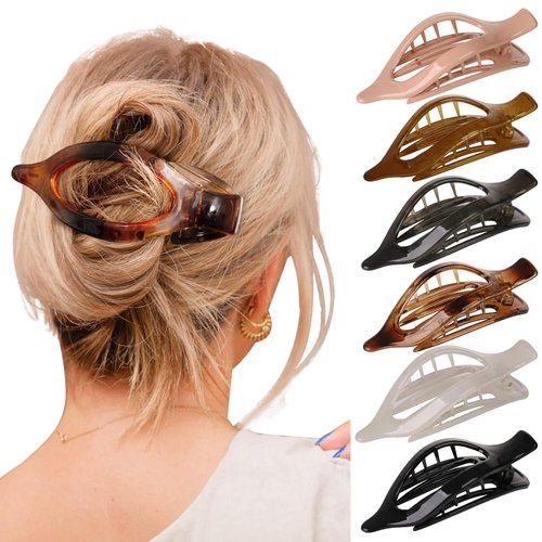 Flat Hair Claw Clips for Women - 6 Pcs French Concord Flat Hair Clips Strong Hold 4.7" Duck Billed Clips for Thick Thin Hair (Amber)