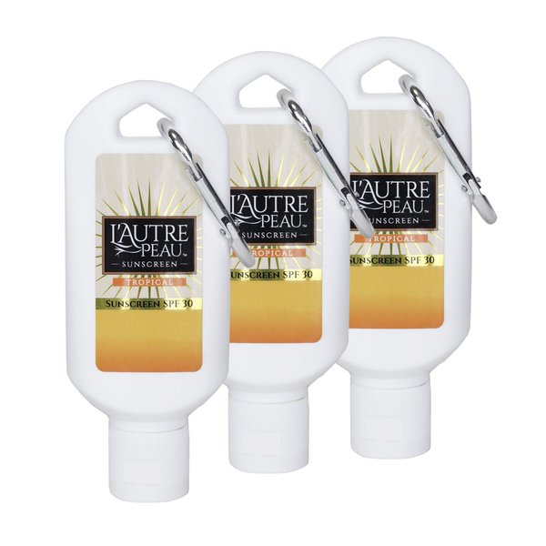 SPF 30 Sunscreen Multi-Pack by L'AUTRE PEAU | Travel Size Sunscreen for Men, Women, and Kids | Non-Greasy Water Resistant | Tropical Scent | TSA Approved | (2oz 3 pack With Carabiner Clip)