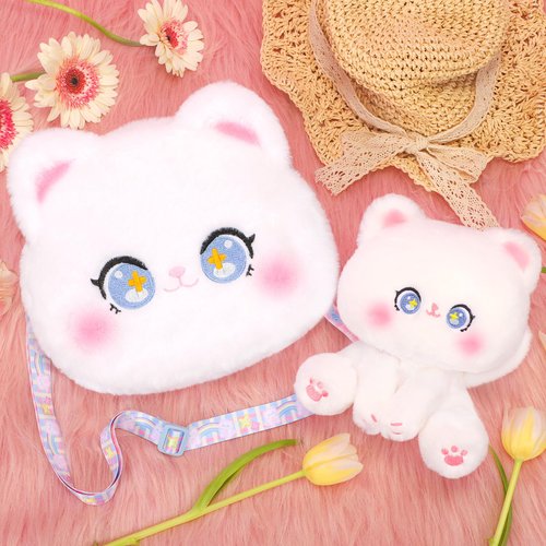CatchCute Cat Plush Toys and Purse Set for Kids,Cat Stuffed Toy Kids with Cute Zipper Crossbody Bag, Soft Stuffed Cat Toys Set Birthday Party Favors for Toddlers Kids