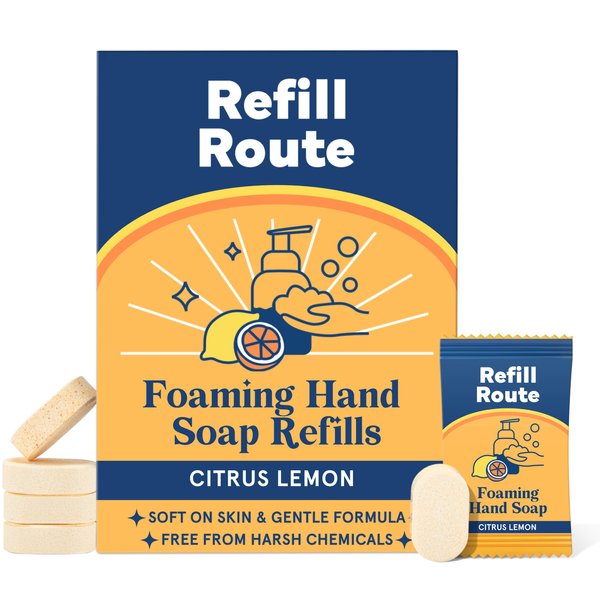 Foaming Hand Soap Tablet Refills Refill Route- 12Pack - 96fl oz Total (Makes 12x 8 fl oz Bottles of Soap) - Cleansing & Moisturizing - Compostable Packaging Soap Tablets - Lemon Scent