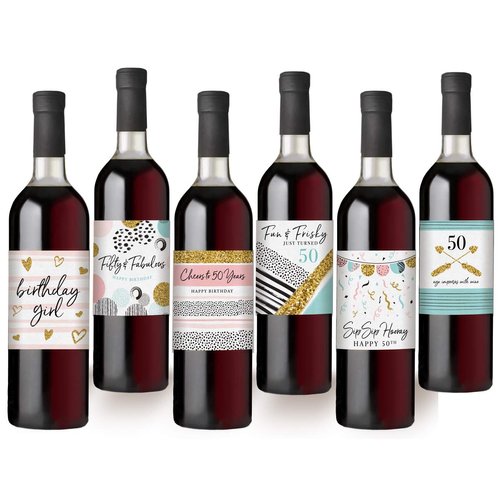 Printed Party 50th Birthday Wine Bottle Labels, Pink and Gold, Set of 6