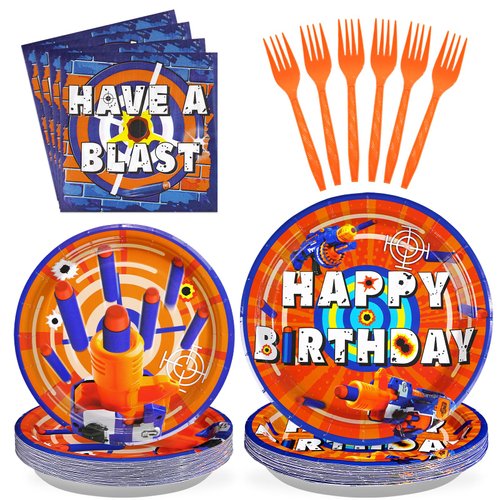 Grencian 200Pcs Dart War Party Supplies Dart War Party Plates Napkins Forks Disposable 350GSM Dart War Paper Tableware Set for Kids Boys Birthday Party Dart War Party Decorations, Serves 50