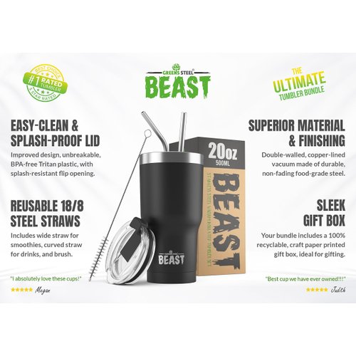 Beast 20 oz Tumbler Stainless Steel Vacuum Insulated Coffee Ice Cup Double Wall Travel Flask (Matte Black)