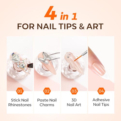 Modelones 4-in-1 Rhinestone Glue for Nails, Super Strong Nail Glue for Press on Nails，Nail Gems and Nail Charms, No Wipe Nail Art Glue for Nail Rhinestones, Nail Jewel Diamonds, 30 g Cured Need