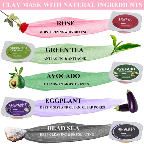 Clay Mask Set 20 Pods, Face Mask Skin Care，Green Tea, Turmeric, Dead Sea Mud, Rose, 24K Gold, Eggplant, Avocado, Mud Mask Deep Pore Cleansing Acne Blackhead Removal, Men & Women Facial Mask .