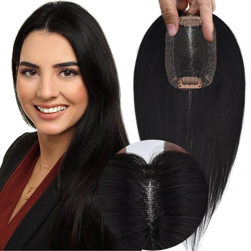 JGS1996 Hair Toppers for Women Real Human Hair Hand Made Lace Base Remy Hair Wiglets Topper for Thinning Hair Pieces No Bangs Clip in Hair Extensions 12 Inch Natural Black