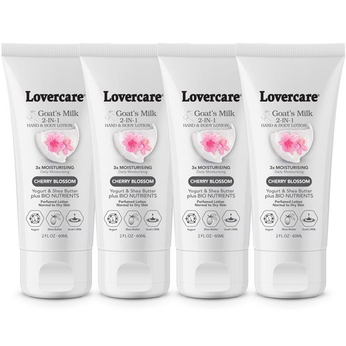 4-PACK Lovercare Goat Milk 2-IN-1 Hand & Body Lotion for Dry Skin 2 oz (60 ml) Cherry Blossom-Pack of 4