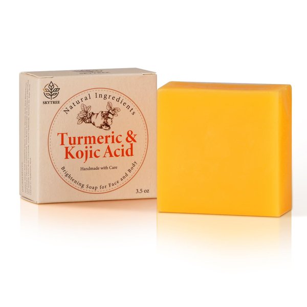 Sky tree Kojic Acid Soap for Hyperpigmentation, Turmeric Soap Bar for Dark Spots, Turmeric and Kojic Acid Soap for Face & Body Care, with Shea Butter Soap, Vitamin C, Tea Tree Oil,3.5 Ounce