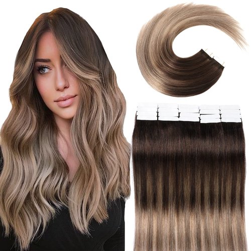 VINBAO Tape In Hair Extensions Human Hair Ombre Balayage Color 2/6/18 Ash Blonde Extensions Real Hair Glue In Extensions 50 Grams 20 Pieces(20inch, #2/6/18)