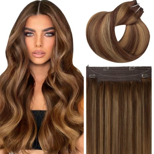 Balayage Natural Hair Extensions Human Hair Invisible Wire Hairpiece Straight Balayage Hair Extensions Ombre Chocolate Brown to Caramel Blonde with Brown Roots 18 Inch 95g
