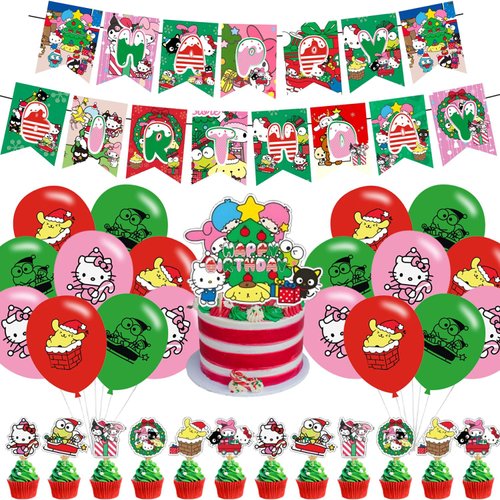 Christmas Birthday Party Supplies, Kawaii Theme Party Decorations Include Birthday Banner Cake To...