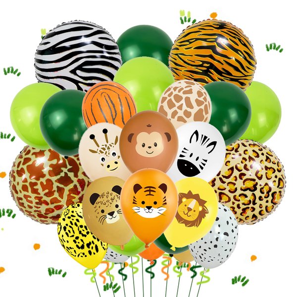 Jungle Balloons Jungle Party Decorations Set Includes Safari Latex Balloons, Round Foil Balloons, Animal Print Balloons, Wild One Birthday Decorations Suitable for Jungle Themed Party