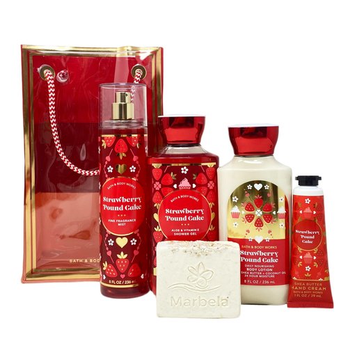Bath & Body Works Strawberry Pound Cake Deluxe Gift Bag Set - Fragrance Mist - Shower Gel - Body Lotion - Hand Cream - with a Himalayan Salts Springs Bar Soap - Full Size