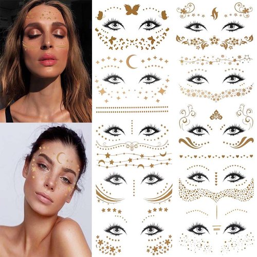 Metisee Gold Temporary Tattoo Stickers Freckles Face Tattoos for Women Girls Kids Metallic Waterproof Tattoo Sticker Butterfly Star Moon Stickers for Face Makeup Party Festival (Style B)