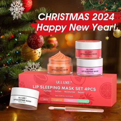 Lip Sleeping Mask Set 4 Piece, Overnight Lip Mask with Vitamin C, Hyaluronic Acid for Nourishing and Hydrating, Lip Balm for Flaky, Dry Lips, Moisturizing Sleeping Lip Butter, Gift Set for Women