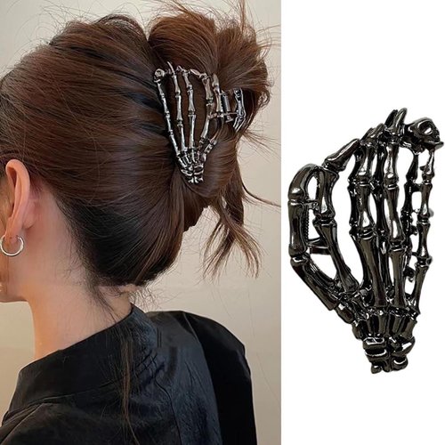 Halloween Skeleton Hand Hair Clips For Women Halloween Hair Claw Clip Black Metal Claw Clips Halloween Horror Skeleton Hand Non-Slip Jaw Claw Clips For Women Halloween Hair Accessories