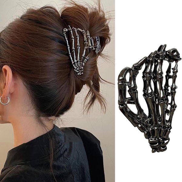 Halloween Skeleton Hand Hair Clips For Women Halloween Hair Claw Clip Black Metal Claw Clips Halloween Horror Skeleton Hand Non-Slip Jaw Claw Clips For Women Halloween Hair Accessories