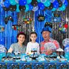Blue Black Video Game Party Decorations Game Theme Happy Birthday Banner Hanging Swirls Balloons Garland Arch Foil Curtains Backdrops Tablecloth Kit for Kids Game Controller Birthday Supplies Decor