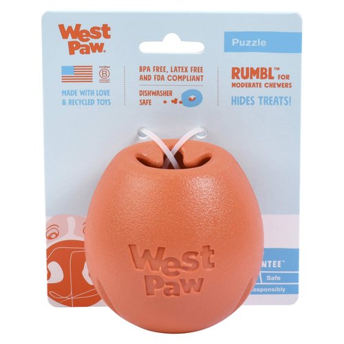 WEST PAW Zogoflex Rumbl Treat-Dispensing Dog Toy – Interactive Slow-Feeder Chew Toys for Dogs – Dog Enrichment Toy – Dog Toy for Moderate Chewers, Fetch, Catch – Holds Kibble, Treats (Melon, Small)