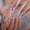 MqpQ Long Square Press On Nails With Rhinestones Luxury Rainbow Extra Fake Nails 24pcs Glossy Full Cover False Nails For Women And Girls
