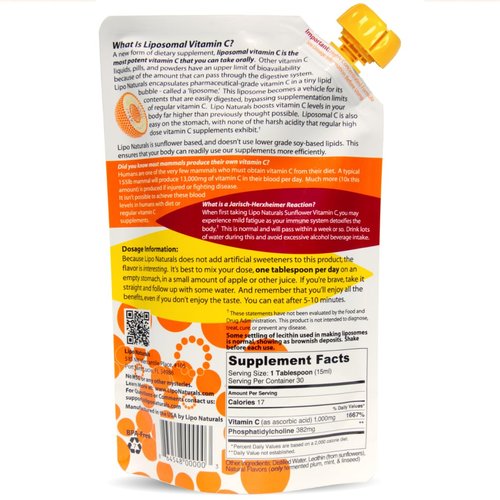 Lipo Naturals Liposomal Vitamin C 1000mg Liquid (2-Pack 60 Doses) - Natural Formula Immunity + Energy Support - Vegan, China-Free (15oz / 443ml ea.)