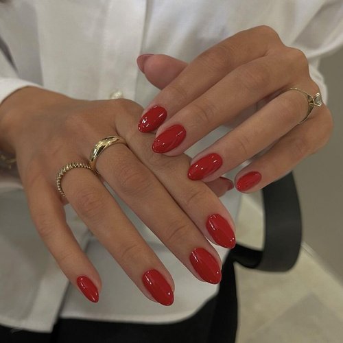 Chili Red Press on Nails Short Almond Oval Glossy Fake Nails 24Pcs, Solid Color Nails press ons 12 Sizes, Reusable Nail Kit, Stick on Nails for Women and Girls Daily Wear