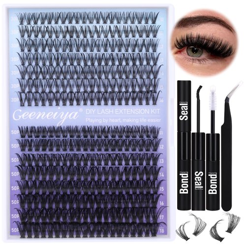 Geeneiya 30D+50D Lash Clusters Kit Wispy Lash Extension Kit 10-18mm Cluster Eyelash Extensions Kit Natural Individual Lashes with Waterproof Lash Bond and Seal Glue, Lash Tweezers (0.05D, 300Pcs)