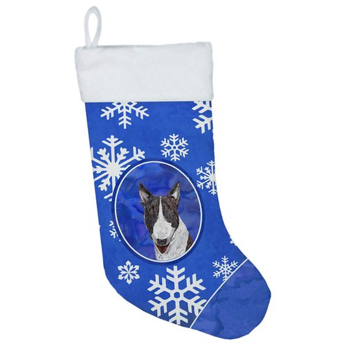 Caroline's Treasures SC9603-CS Bull Terrier Winter Snowflakes Christmas Stocking Fireplace Hanging Stockings Christmas Season Party Decor Family Holiday Decorations