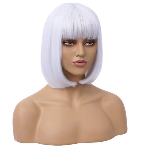 RightOn 12 Inches White Wig Short Bob Wig White Short Straight Wig Bob Wig with Bangs Synthetic Bob Wigs for Daily or Party Wig Cap Include