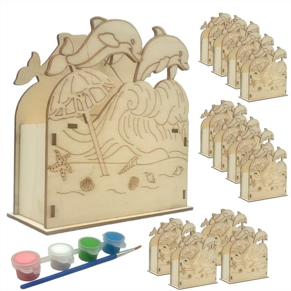 Oojami Wooden Dolphin Beach Crafting Kit: 12 DIY Unfinished Dolphin Beach Decoration Party Favors Supplies Ideal for Kids and Adults of All Ages with Paints and Brush (Pre-Assembled)