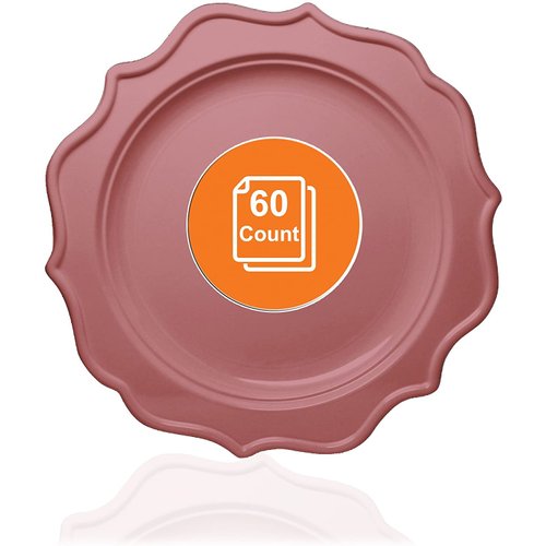 Tiger Chef 60-Count, 8-inch Pink Color Round Scalloped Rim Disposable Plastic Plate Set Includes 60 Plastic Salad Plates - BPA-Free
