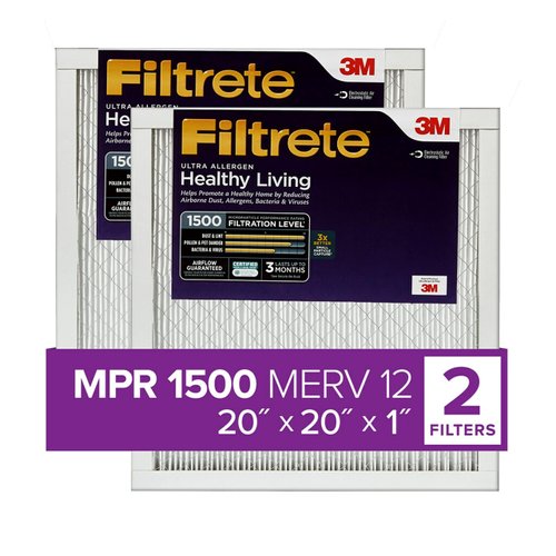 Filtrete 20x20x1 Air Filter MPR 1500 MERV 12, Healthy Living Ultra Allergen, 2-Pack (exact dimensions 19.69x19.69x0.78)