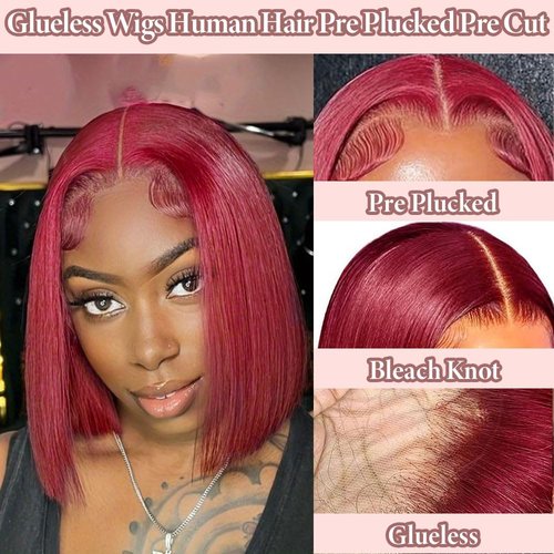 OBHD 99J Burgundy Lace Front Wigs Human Hair Bob Wig Human Hair Glueless Wigs Human Hair Pre Plucked Pre Cut 12 Inch 5x5 HD Wear and Go Glueless Wig 180% Density Bob Wigs for Black Women