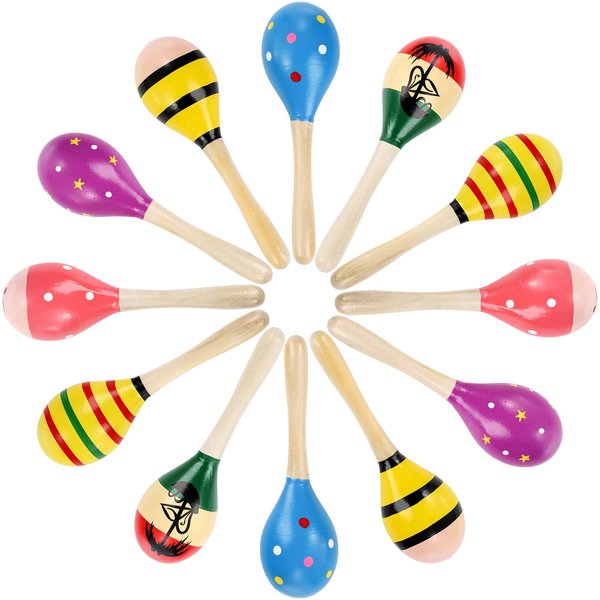 Hedume 12 Pack Wooden Festival Maracas, 8" Carnival Party Decoration Maracas, Shaker Sand Hammer Toy Noisemaker for Party Favors, Musical Fun, Birthday Parties, Carnivals