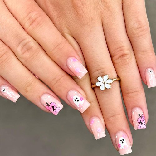 Vopintpy Medium Square Halloween Press on Nails Cute Skull Ghost Pumpkin Fake Nails Glossy Day of the Dead Acrylic Glue on Nails Reusable Full Cover Stick on Nails for Women DIY Manicure