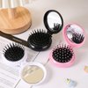 2Pcs Folding Travel Hair Brush with Mirror, Round Portable Folding Pocket Hair Brush Mini Hair Massage Compact Mirror with Comb Travel Size for Men Women Styling Tools and Appliances(Black and Pink)