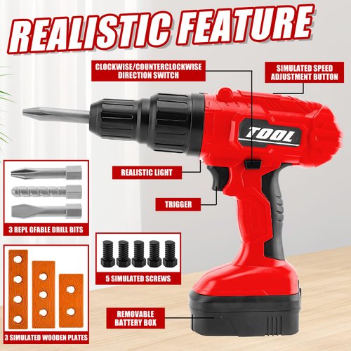 PANPAPA Electric Power Kids Drill and Screw Set，Toy Drill Set Include 3 Interchange dirll bits with Realistic Sound & Action，Kids Pretend Play Tool，Drill Toys for Kids Ages 3-5 Boys(Red)