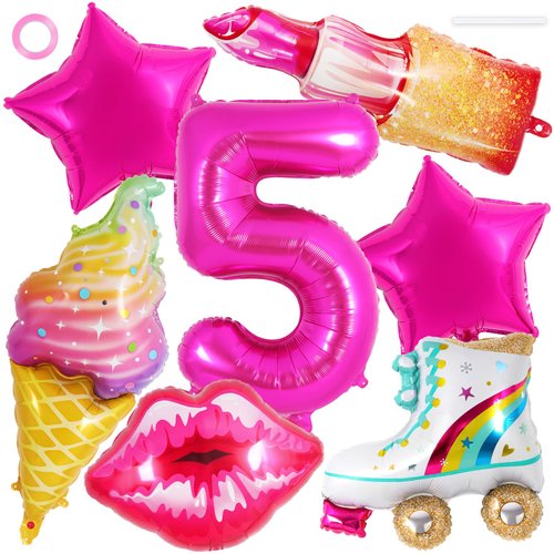 7 Pcs Pink Birthday Balloons for Girls,Princess Birthday Party Supplies,Girl Birthday Balloons Decorations,Hot Pink Balloons Set for Princess Doll Theme Party Birthday Party Baby Shower Supplies (5th)