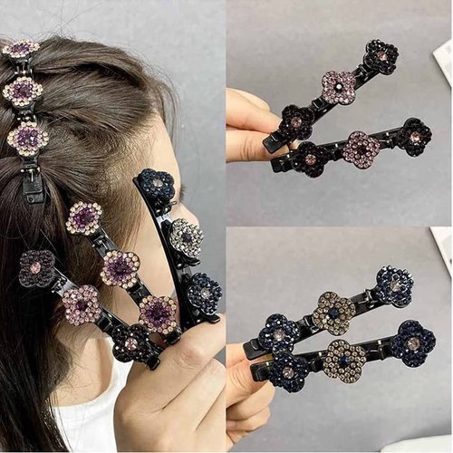 Satin Fabric Rhinestone Hair Bands, Four-Leaf Clover Fashion Double Layer Mini Hair Clip, Sparkling Crystal Stone Braided Hair Clips，Braided Hair Clip with Rhinestones for Women
