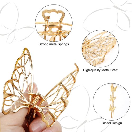 TEBIEKOY Butterfly Hair Clips Claw Clip for Women, 2 Pcs Metal Tassel Bow Hair Claws for Thick Thin Curly Fine Hair, Cute Metal Hair Claw Clips Accessories