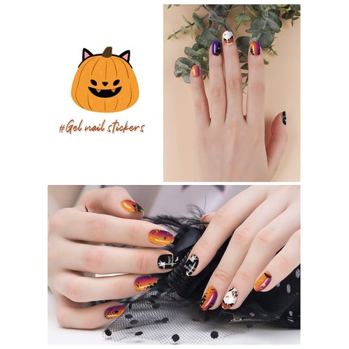 Halloween Cured Gel Nail Polish Strips, Halloween Full Wrap Gel Polish Nail Art Sticker Strips Stick-on Cured Gel Nail Wraps with Pumpkins,Spiders,Ghosts Nail File and Stick